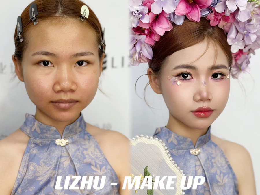 簪花造型課堂實況，廣西美妝課堂作品欣賞