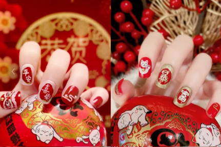 紅色喜慶卡通美甲，廣西美甲師學校整理