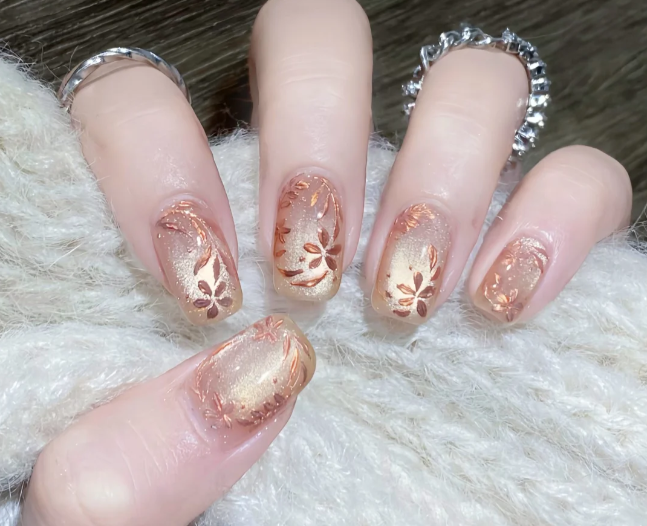 手繪金色琺瑯花美甲，0基礎(chǔ)學美甲南寧