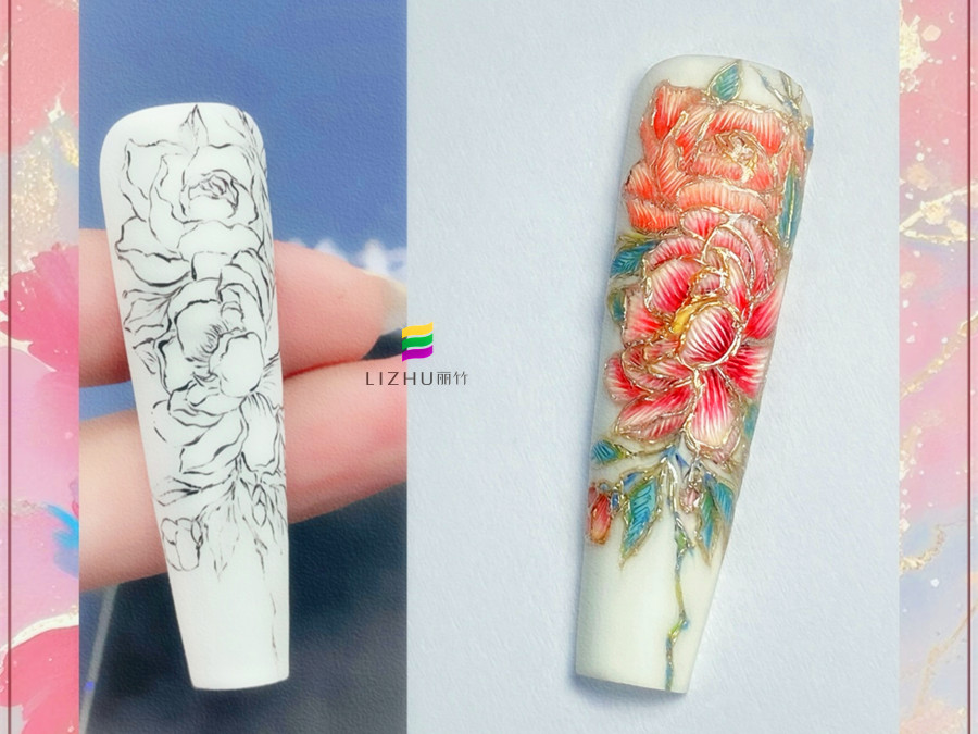 國風(fēng)刺繡牡丹美甲，廣西美甲設(shè)計學(xué)校作品