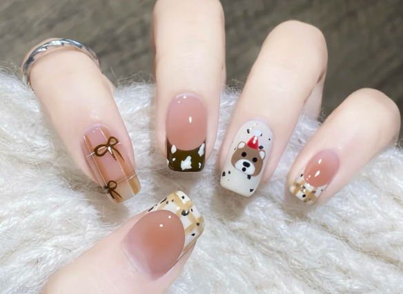 格紋手繪小熊美甲教程，南寧美甲教學分享