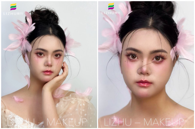 粉色羽毛寫真作品，廣西學(xué)化妝操作